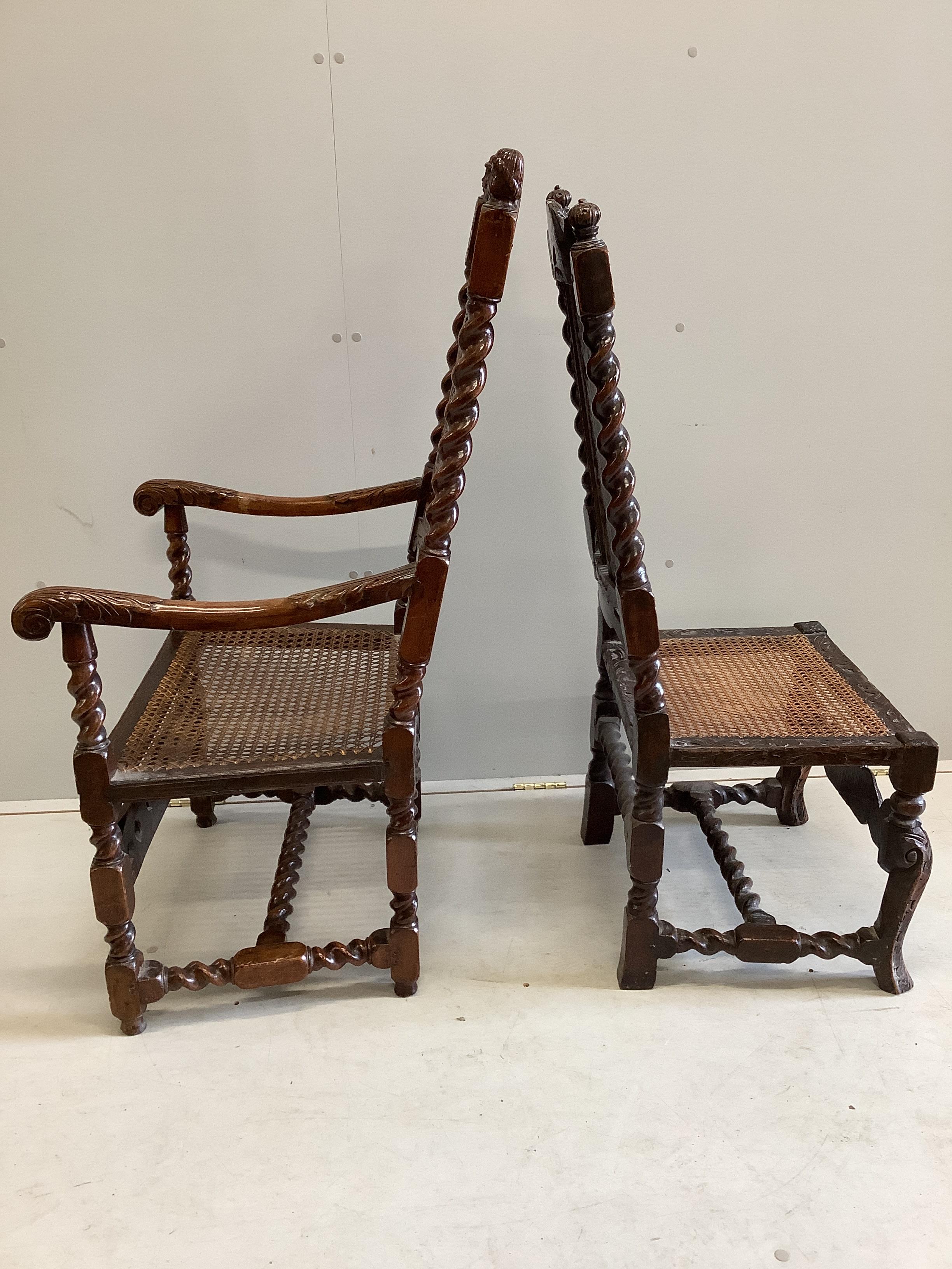 A Charles II walnut and canework open armchair and a similar side chair, larger width 60cm, depth 50cm, height 118cm